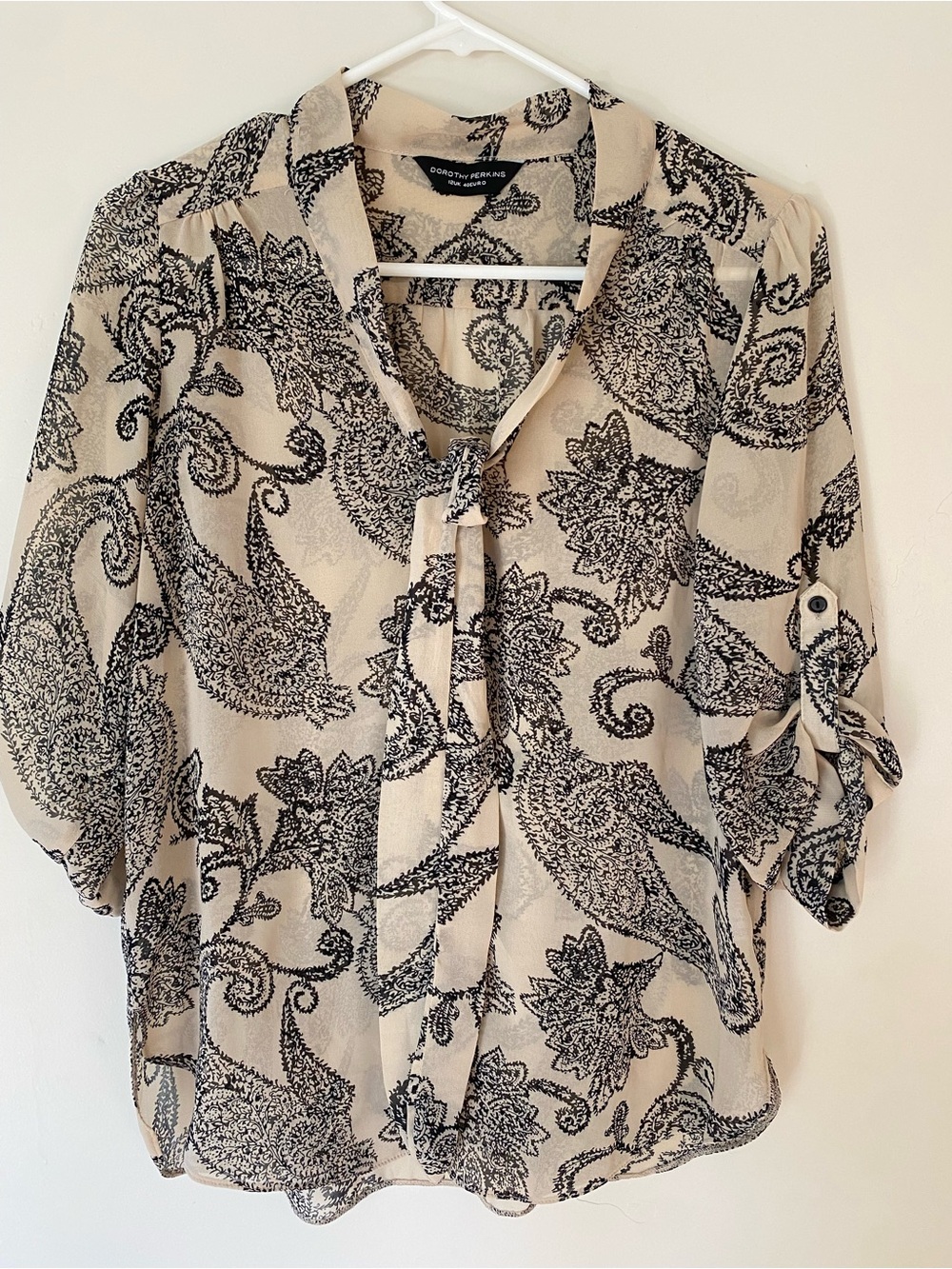 Dorothy Perkins Cream and Black Paisley Tie-Neck Blouse